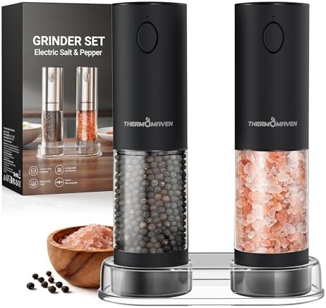 ThermoMaven Upgraded Larger Capacity Electric Salt and Pepper Grinder Set, 110ml Rechargeable Salt and Pepper Shaker with LED Light, Stainless Steel Automatic Pepper Mill with 6 Adjustable Coarseness|B0D7Q7LNNY
