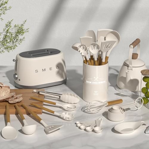 Umite Chef Kitchen Cooking Utensils Set, 33 pcs Non-Stick Silicone Cooking Kitchen Utensils Spatula Set with Holder, Wooden Handle Silicone Kitchen Gadgets Utensil Set (Khaki)|B08573DQ39