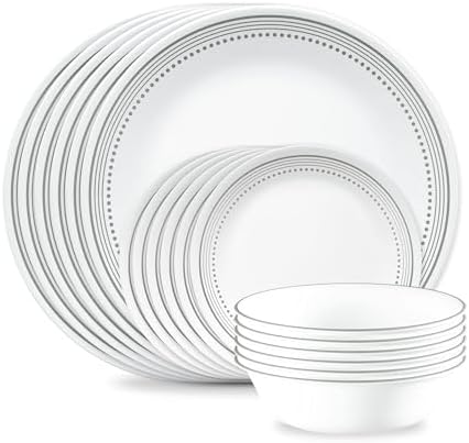 Corelle Vitrelle 18-Piece Service for 6 Dinnerware Set Triple Layer Glass and Chip Resistant, Lightweight Round Plates and Bowls Set, Winter Frost White|B00R790CLY