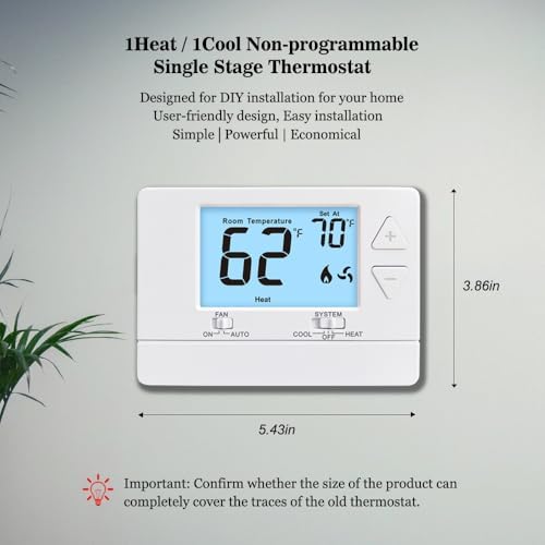 NonProgrammable Thermostat for Home, Digital Energy-Saving Thermostat,Single-Stage Systems, 1 Heat/1 Cool, Easy DIY Install,White Backlight|B0DNDS8PKF