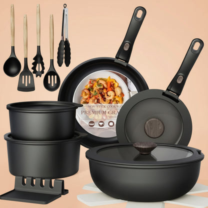 Astercook 21 Pcs Pots and Pans Set Non Stick, Ceramic Cookware Set Detachable Handle, RV Kitchen Cooking Set Removable Handles, Oven Safe, Induction Ready, Stackable, Black, Fathers Day Gift for Men|B0F2937DQQ