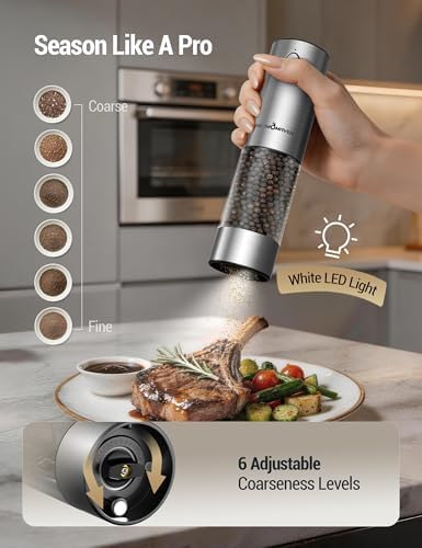 ThermoMaven Upgraded Larger Capacity Electric Salt and Pepper Grinder Set, 110ml Rechargeable Salt and Pepper Shaker with LED Light, Stainless Steel Automatic Pepper Mill with 6 Adjustable Coarseness|B0D7Q7LNNY