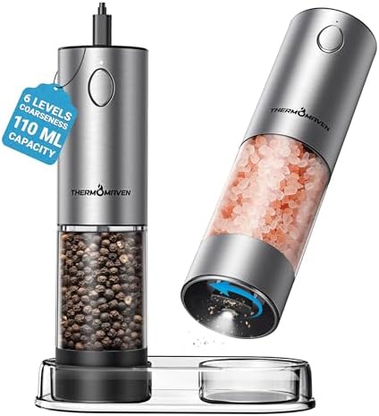 ThermoMaven Upgraded Larger Capacity Electric Salt and Pepper Grinder Set, 110ml Rechargeable Salt and Pepper Shaker with LED Light, Stainless Steel Automatic Pepper Mill with 6 Adjustable Coarseness|B0D7Q7LNNY