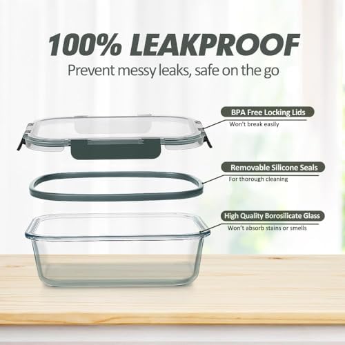 VERONES 12 Packs Glass Food Storage Containers Set, Airtight Glass Lunch Containers, Glass Meal Prep Containers with Lids,Exclusive of BPA, for Microwave, Oven, Freezer & Dishwasher Friendly,Grey|B0BZS66X6R