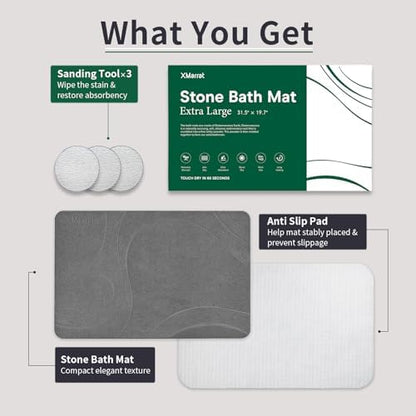 XMarrat Extra Large Stone Bath Mat, Diatomaceous Earth Mat, 31.5"x19.7" | Super Absorbent, Modern Quick Drying Diatomite Bathmats, Non-Slip Base, Easy Clean for Shower Floor & Bathroom (Dark Gray)|B0D1FYVVDD