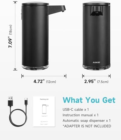 AIKE SensePro Automatic Soap Dispenser 12.8oz Spot Resist Matte Black | Type-C Charge with Months Long Standby Time, Adjustable 5 Levels Precise Dispense for Home Dish Soap and Hand Soap|B0DZNDTHYD