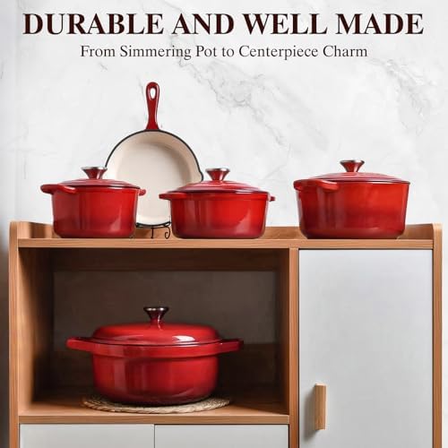 Enameled Cast Iron Dutch Oven - Umite Chef 5QT Pot with Lid & Cotton Potholders - Heavy-Duty Cookware for Bread Baking, Braising, Stews, Roasting(Red)|B0DXKCK21X