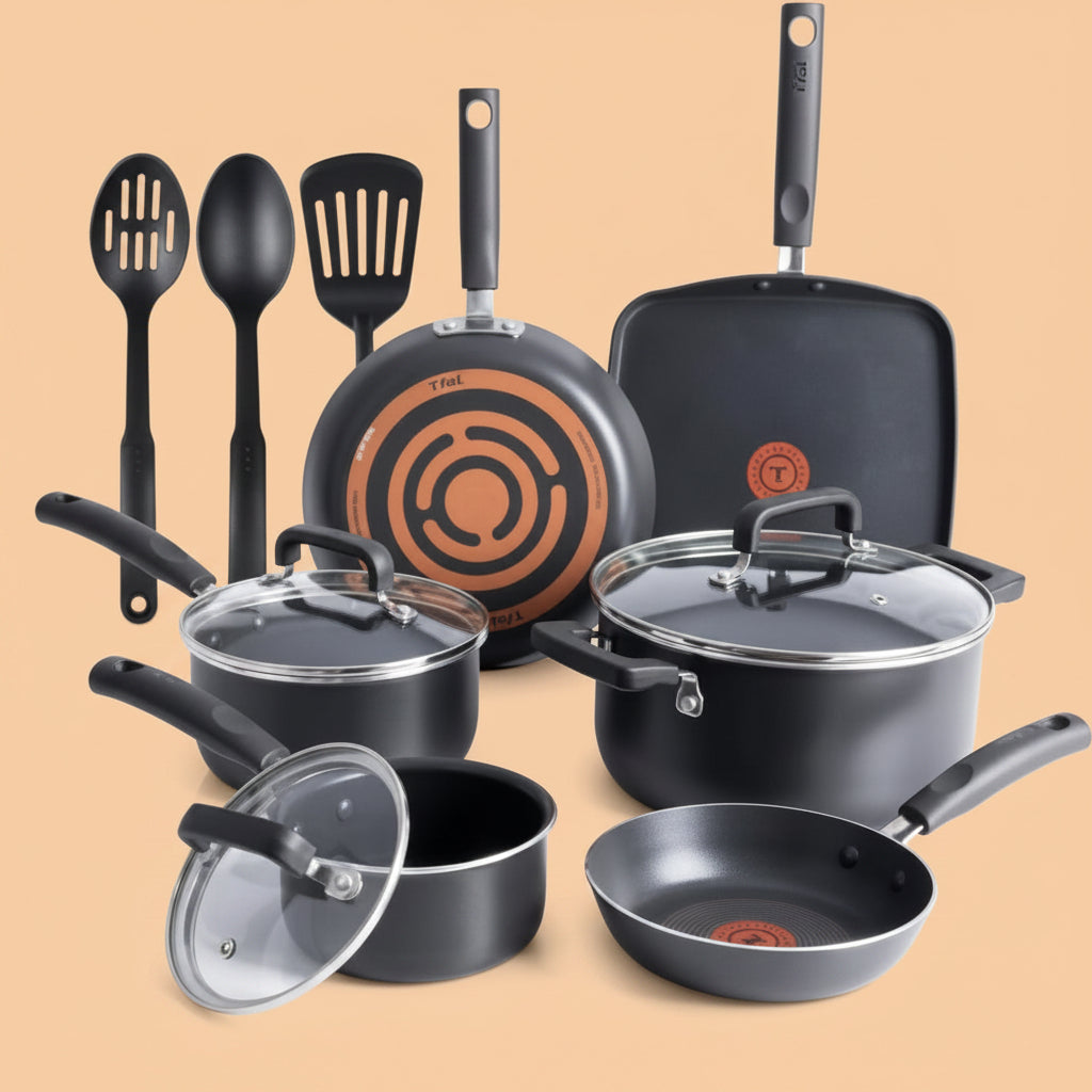 T-Fal Signature Nonstick Pots and Pans Set 12 Piece, Oven Broiler Safe 350F, Kitchen Cookware Set w/Fry Pans, Saucepans, Saute Pan, Dutch Oven, Griddle, Kitchen, Home, Dishwasher Safe, Black|B001167VIQ