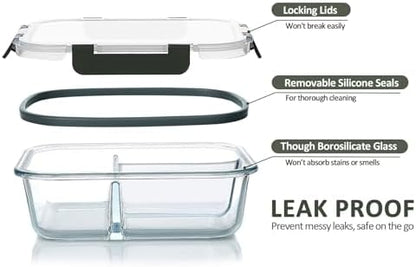 M MCIRCO [5-Pack, 36 oz] Glass Meal Prep Containers 3 Compartment with Lids, Glass Lunch Containers,Food Prep Lunch Box,Bento Box,Microwave, Oven, Freezer, Dishwasher (4.5 Cups)|B07N2BPQC3