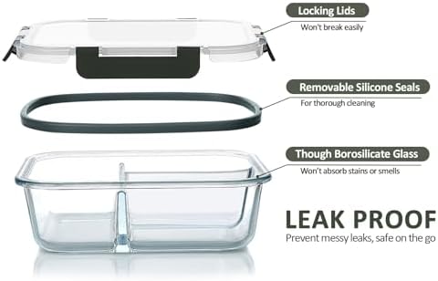 M MCIRCO [5-Pack, 36 oz] Glass Meal Prep Containers 3 Compartment with Lids, Glass Lunch Containers,Food Prep Lunch Box,Bento Box,Microwave, Oven, Freezer, Dishwasher (4.5 Cups)|B07N2BPQC3