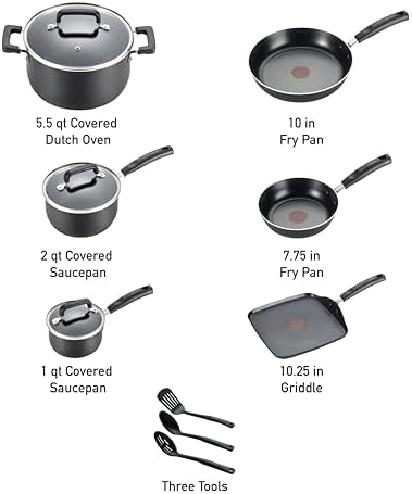 T-Fal Signature Nonstick Pots and Pans Set 12 Piece, Oven Broiler Safe 350F, Kitchen Cookware Set w/Fry Pans, Saucepans, Saute Pan, Dutch Oven, Griddle, Kitchen, Home, Dishwasher Safe, Black|B001167VIQ
