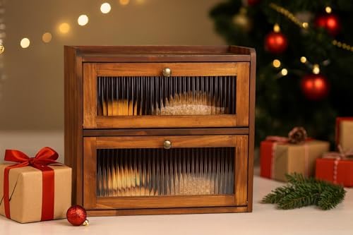 Sunhoo Bread Box for Kitchen Countertop Wooden Bread Storage Container Bin 2 Layer Breadbox Holder Large Capacity Keeper Vintage Farmhouse Food Organizer Pantry Shelf Acrylic Window (Brown)|B0CGZPR3X9