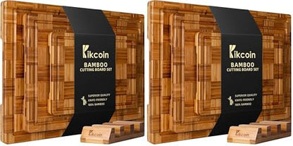 Kikcoin Extra Large Bamboo Cutting Boards, (Set of 3) Chopping Boards with Juice Groove Bamboo Wood Cutting Board Set Butcher Block for Kitchen, End Grain Serving Tray|B089W55YNJ