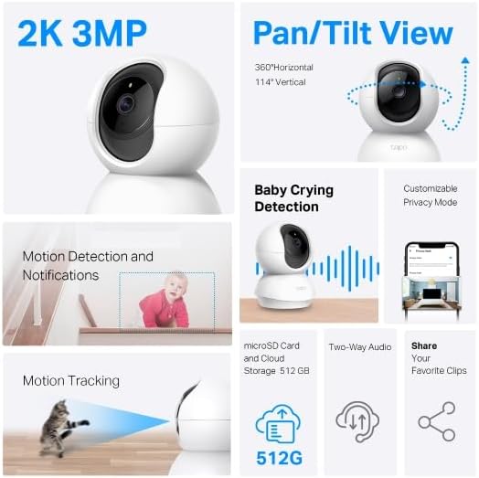 Tapo 2K Pan/Tilt Security Camera for Baby Monitor, Dog Camera w/Motion Detection, 2-Way Audio Siren, Night Vision, Cloud&SD Card Storage, Works w/Alexa & Google Assistant, 2-Pack (Tapo C210P2)|B09Y8C185M