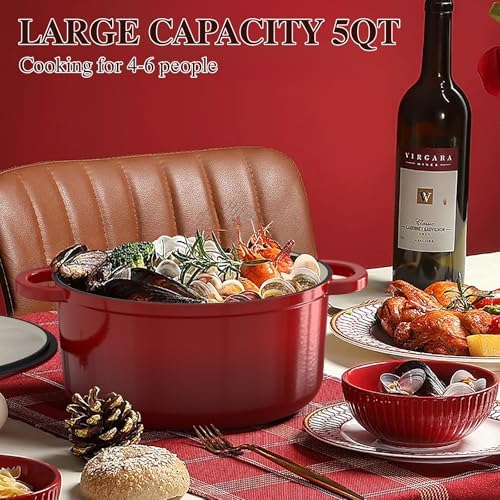 Enameled Cast Iron Dutch Oven - Umite Chef 5QT Pot with Lid & Cotton Potholders - Heavy-Duty Cookware for Bread Baking, Braising, Stews, Roasting(Red)|B0DXKCK21X
