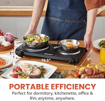 Elite Gourmet EDB-302BF# Double Cast Iron Burner, 1500W Hot Plate, Black | Adjustable temperature control, power indicator lights, easy-to-clean surface, countertop design|B09RX2WGD3