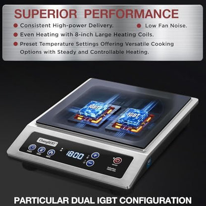 ChangBERT Induction Cooktop, Commercial Grade Portable Cooker, Large 8” Heating Coil, Premium Stainless Steel Countertop Burner with NSF Certified, 10 Hours Timer Powerful 1800W Professional Hot Plate|B0B4J6PXPN