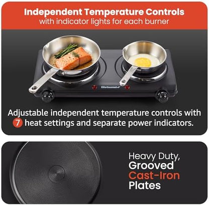 Elite Gourmet EDB-302BF# Double Cast Iron Burner, 1500W Hot Plate, Black | Adjustable temperature control, power indicator lights, easy-to-clean surface, countertop design|B09RX2WGD3