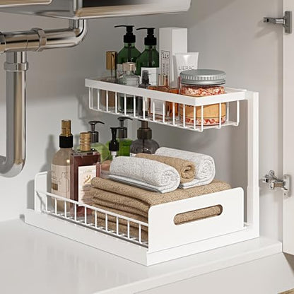REALINN Under Sink Organizer, Pull Out Cabinet Organizer, 2 Tier Metal Slide Out Shelf with L Shaped Design for Kitchen, Bathroom, Laundry, and Utility Cabinet Storage for Deep Cabinets, White, 2 Pack|B0CFQFMC4F