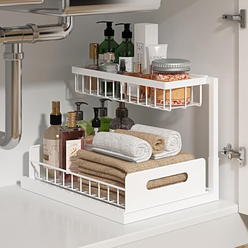 REALINN Under Sink Organizer, Pull Out Cabinet Organizer, 2 Tier Metal Slide Out Shelf with L Shaped Design for Kitchen, Bathroom, Laundry, and Utility Cabinet Storage for Deep Cabinets, White, 2 Pack|B0CFQFMC4F