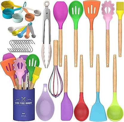 Umite Chef Kitchen Cooking Utensils Set, 33 pcs Non-Stick Silicone Cooking Kitchen Utensils Spatula Set with Holder, Wooden Handle Silicone Kitchen Gadgets Utensil Set (Khaki)|B08573DQ39