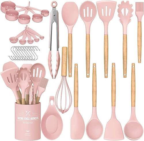 Umite Chef Kitchen Cooking Utensils Set, 33 pcs Non-Stick Silicone Cooking Kitchen Utensils Spatula Set with Holder, Wooden Handle Silicone Kitchen Gadgets Utensil Set (Khaki)|B08573DQ39
