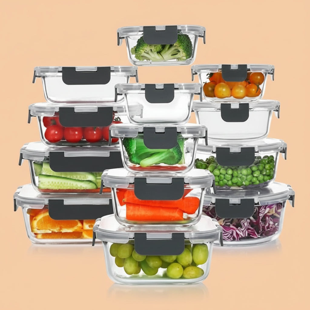 KOMUEE 24 Pieces Glass Food Storage Containers Set, Meal Prep Containers, BPA-Free Airtight Glass Storage Containers with lids,Freezer, Microwave and Oven Safe,Gray|B09QQGY1BW