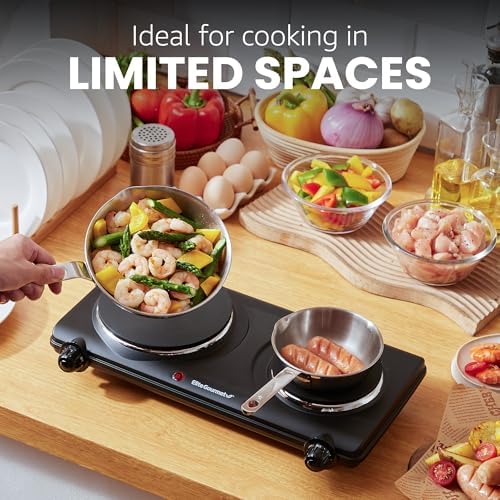 Elite Gourmet EDB-302BF# Double Cast Iron Burner, 1500W Hot Plate, Black | Adjustable temperature control, power indicator lights, easy-to-clean surface, countertop design|B09RX2WGD3