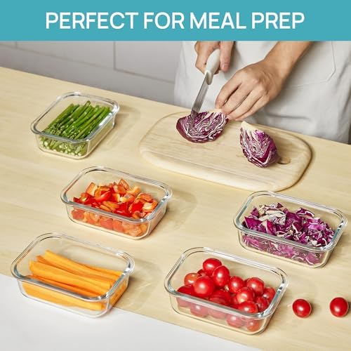 Vtopmart 5Pack 22oz Glass Storage Containers with Lids, Grey | Glass Meal Prep Food Container Sets, Snap Airtight Lid, For Microwave, Oven, Freezer and Dishwasher, BPA Free|B0D7P6XKNP