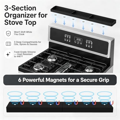 30" Magnetic Stove Top Shelf, Silicone Over the Stove Spice Rack Organizer | Heat Resistant Silicone, Anti-Rattle No-Scratch Range Shelf, 3 Functional Partitions Kitchen Storage for Spices|B0BWQQTD7T