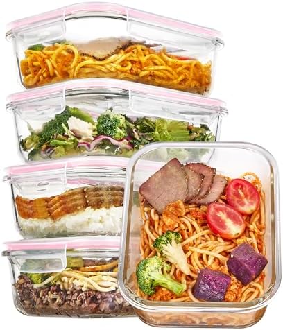 Vtopmart 5Pack 22oz Glass Storage Containers with Lids, Grey | Glass Meal Prep Food Container Sets, Snap Airtight Lid, For Microwave, Oven, Freezer and Dishwasher, BPA Free|B0D7P6XKNP
