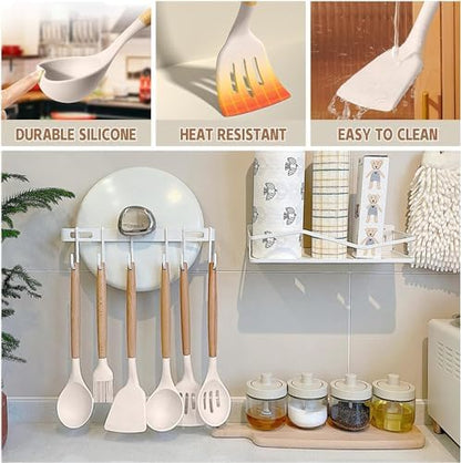 Umite Chef Kitchen Cooking Utensils Set, 33 pcs Non-Stick Silicone Cooking Kitchen Utensils Spatula Set with Holder, Wooden Handle Silicone Kitchen Gadgets Utensil Set (Khaki)|B08573DQ39