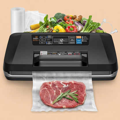 Vacuum Sealer Machine, Upgraded 230W 95KPa 10-in-1 Food Sealer with Double Heat Seal for Dry Moist Food, Easy-Lock Handle, Hose, Built-in Cutter and Bag Storage + Bags (1 Roll + 10 Pre-cut)|B0H1CR8WDQ