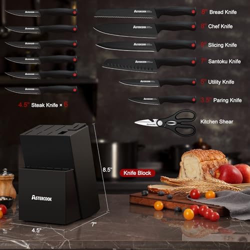 Astercook Knife Set for Kitchen with Block and Sharpener 15pcs German | Stainless Steel Kitchen Utensils Set Dishwasher Safe|B0C1YBPJ43