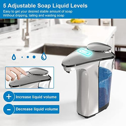 PZOTRUF Automatic Soap Dispenser, Touchless Dish Soap Dispenser 17oz/500ml with Infrared Sensor, 5 Adjustable Soap Dispensing Levels, Liquid Hand Dispenser for Bathroom Kitchen Sink (Silver)|B09NVGSSC2