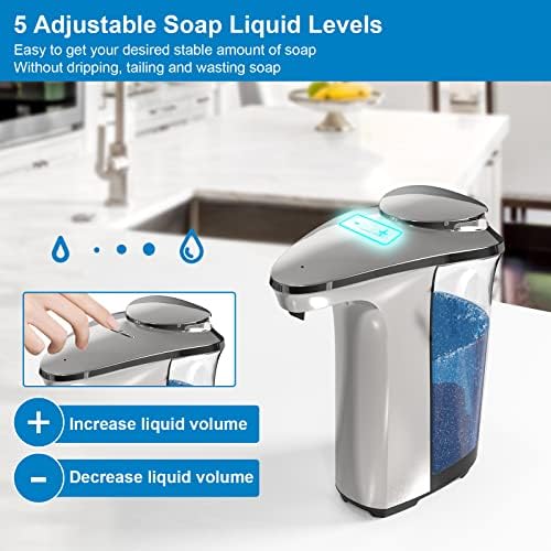 PZOTRUF Automatic Soap Dispenser, Touchless Dish Soap Dispenser 17oz/500ml with Infrared Sensor, 5 Adjustable Soap Dispensing Levels, Liquid Hand Dispenser for Bathroom Kitchen Sink (Silver)|B09NVGSSC2