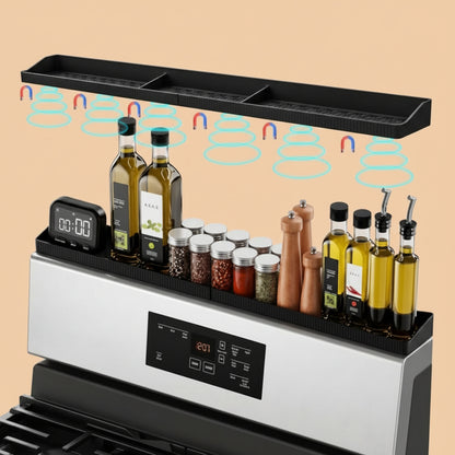 30" Magnetic Stove Top Shelf, Silicone Over the Stove Spice Rack Organizer | Heat Resistant Silicone, Anti-Rattle No-Scratch Range Shelf, 3 Functional Partitions Kitchen Storage for Spices|B0BWQQTD7T
