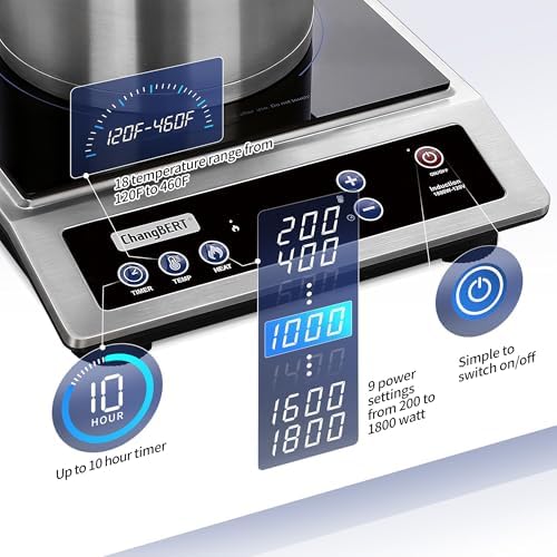 ChangBERT Induction Cooktop, Commercial Grade Portable Cooker, Large 8” Heating Coil, Premium Stainless Steel Countertop Burner with NSF Certified, 10 Hours Timer Powerful 1800W Professional Hot Plate|B0B4J6PXPN