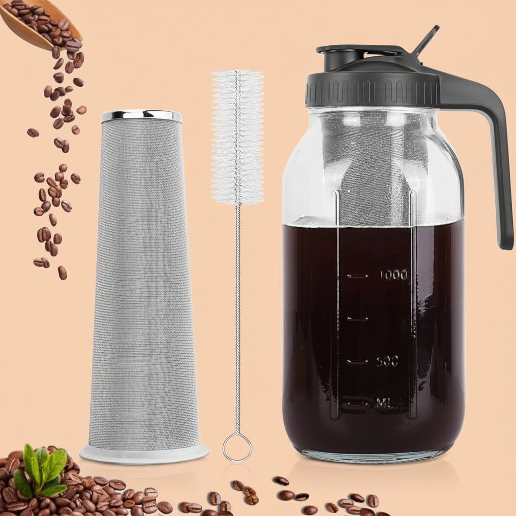 Cold Brew Coffee Maker,64 oz Mason Jar Pitcher with Stainless Steel Filter, Pour Spout Handle Lid, Heavy Duty Glass Airtight & Leak-Proof for Iced Coffee,Tea & Lemonade|B0CGWS1M51