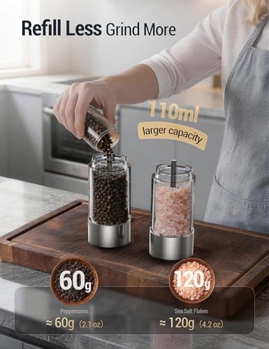 ThermoMaven Upgraded Larger Capacity Electric Salt and Pepper Grinder Set, 110ml Rechargeable Salt and Pepper Shaker with LED Light, Stainless Steel Automatic Pepper Mill with 6 Adjustable Coarseness|B0D7Q7LNNY