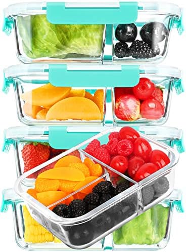 M MCIRCO [5-Pack, 36 oz] Glass Meal Prep Containers 3 Compartment with Lids, Glass Lunch Containers,Food Prep Lunch Box,Bento Box,Microwave, Oven, Freezer, Dishwasher (4.5 Cups)|B07N2BPQC3