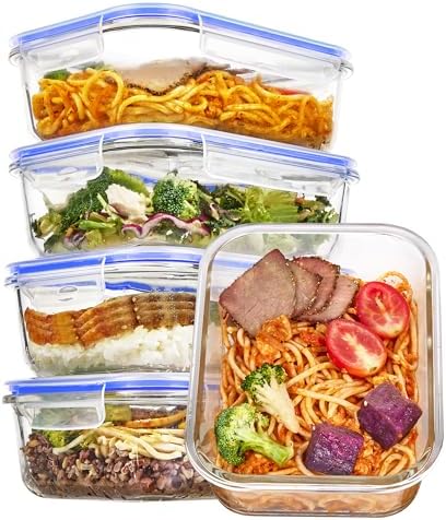 Vtopmart 5Pack 22oz Glass Storage Containers with Lids, Grey | Glass Meal Prep Food Container Sets, Snap Airtight Lid, For Microwave, Oven, Freezer and Dishwasher, BPA Free|B0D7P6XKNP