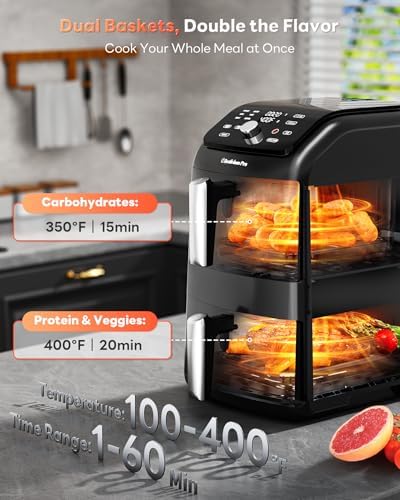 12QT Large Double Air Fryer, Family-Size Dual Airfryer with 2 Baskets, SyncHeat Even Heating, Stacked Compact Design, Smart Finish & Match Cook, PFAS-Free Nonstick, Dishwasher-Safe, Black|B0GYZ1GYXN