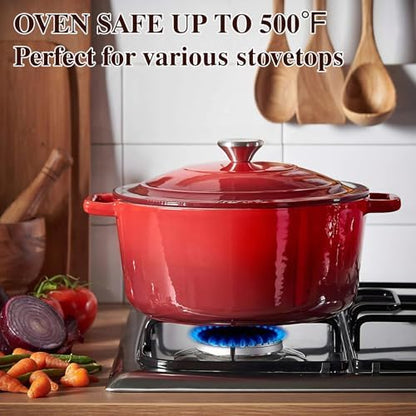 Enameled Cast Iron Dutch Oven - Umite Chef 5QT Pot with Lid & Cotton Potholders - Heavy-Duty Cookware for Bread Baking, Braising, Stews, Roasting(Red)|B0DXKCK21X