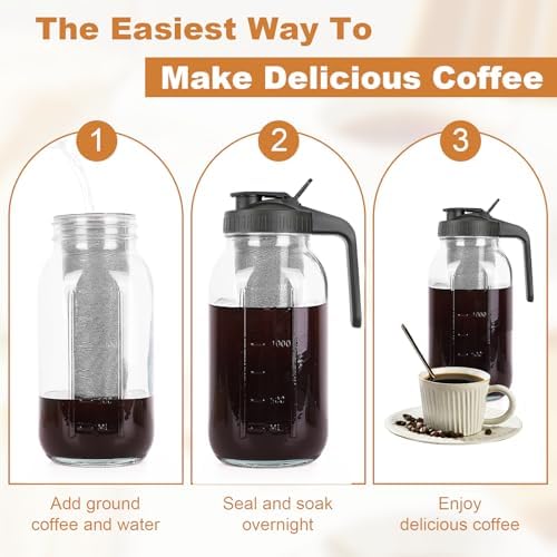 Cold Brew Coffee Maker,64 oz Mason Jar Pitcher with Stainless Steel Filter, Pour Spout Handle Lid, Heavy Duty Glass Airtight & Leak-Proof for Iced Coffee,Tea & Lemonade|B0CGWS1M51
