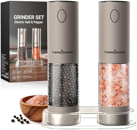 ThermoMaven Upgraded Larger Capacity Electric Salt and Pepper Grinder Set, 110ml Rechargeable Salt and Pepper Shaker with LED Light, Stainless Steel Automatic Pepper Mill with 6 Adjustable Coarseness|B0D7Q7LNNY