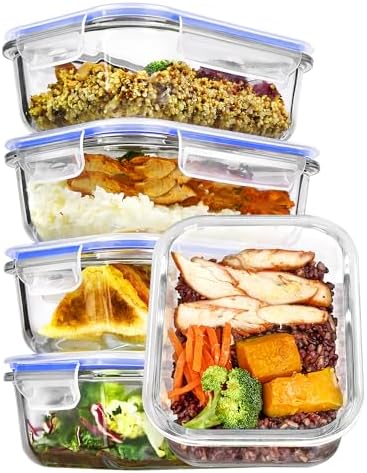 Vtopmart 5Pack 22oz Glass Storage Containers with Lids, Grey | Glass Meal Prep Food Container Sets, Snap Airtight Lid, For Microwave, Oven, Freezer and Dishwasher, BPA Free|B0D7P6XKNP