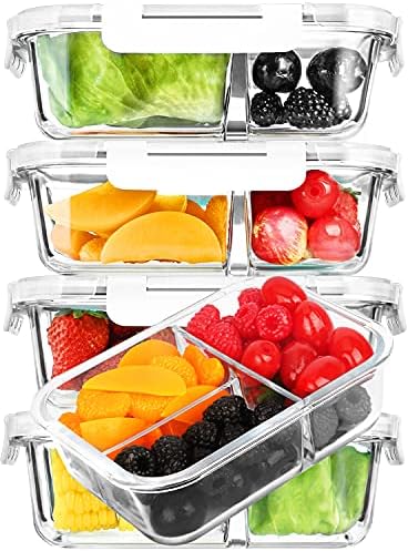 M MCIRCO [5-Pack, 36 oz] Glass Meal Prep Containers 3 Compartment with Lids, Glass Lunch Containers,Food Prep Lunch Box,Bento Box,Microwave, Oven, Freezer, Dishwasher (4.5 Cups)|B07N2BPQC3