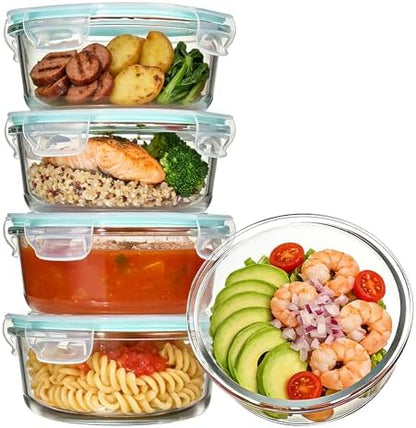 Vtopmart 5Pack 22oz Glass Storage Containers with Lids, Grey | Glass Meal Prep Food Container Sets, Snap Airtight Lid, For Microwave, Oven, Freezer and Dishwasher, BPA Free|B0D7P6XKNP