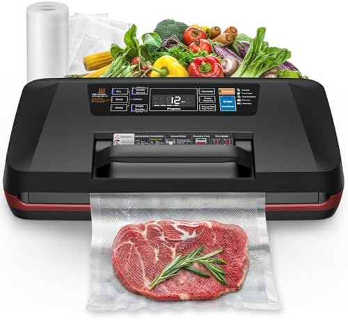 Vacuum Sealer Machine, Upgraded 230W 95KPa 10-in-1 Food Sealer with Double Heat Seal for Dry Moist Food, Easy-Lock Handle, Hose, Built-in Cutter and Bag Storage + Bags (1 Roll + 10 Pre-cut)|B0H1CR8WDQ